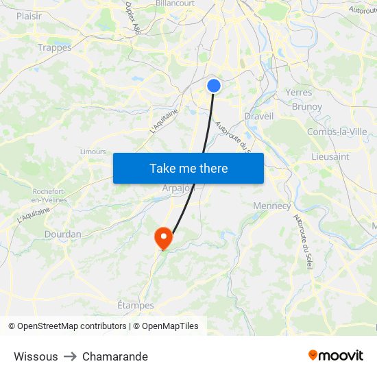Wissous to Chamarande map