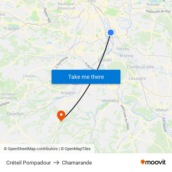 Créteil Pompadour to Chamarande map
