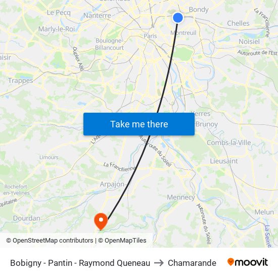 Bobigny - Pantin - Raymond Queneau to Chamarande map