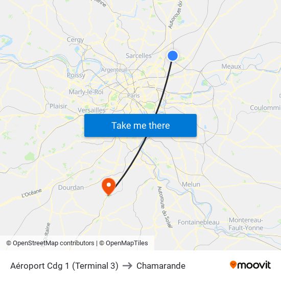 Aéroport Cdg 1 (Terminal 3) to Chamarande map
