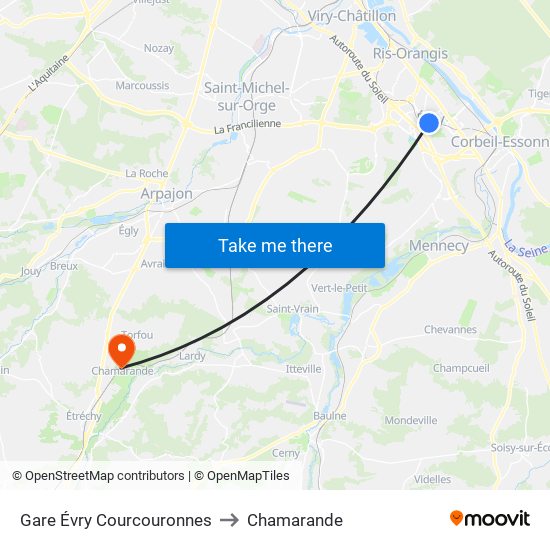 Gare Évry Courcouronnes to Chamarande map