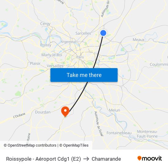 Roissypole - Aéroport Cdg1 (E2) to Chamarande map