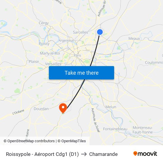 Roissypole - Aéroport Cdg1 (D1) to Chamarande map