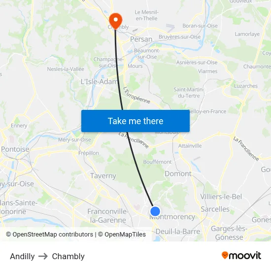 Andilly to Chambly map