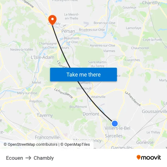 Ecouen to Chambly map