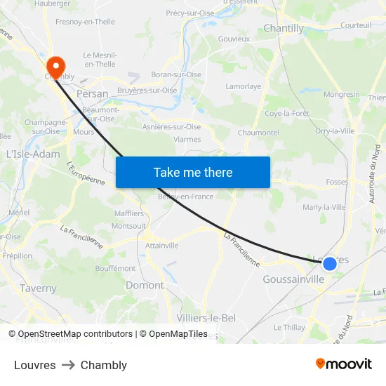 Louvres to Chambly map