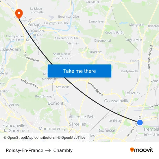 Roissy-En-France to Chambly map