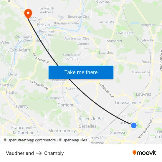 Vaudherland to Chambly map