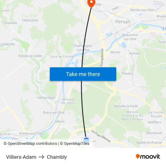Villiers-Adam to Chambly map