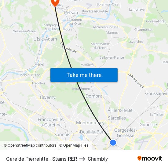 Gare de Pierrefitte - Stains RER to Chambly map