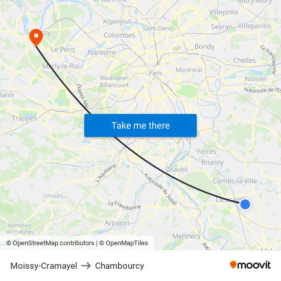 Moissy-Cramayel to Chambourcy map