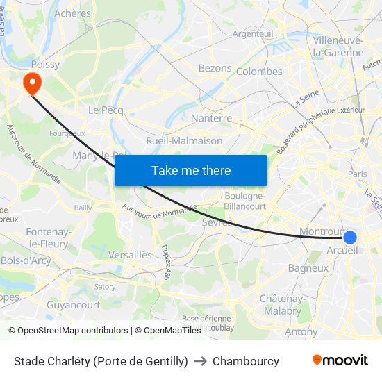 Stade Charléty (Porte de Gentilly) to Chambourcy map