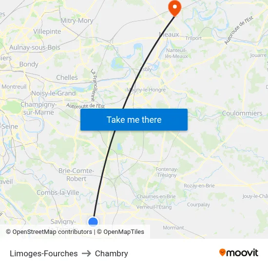 Limoges-Fourches to Chambry map