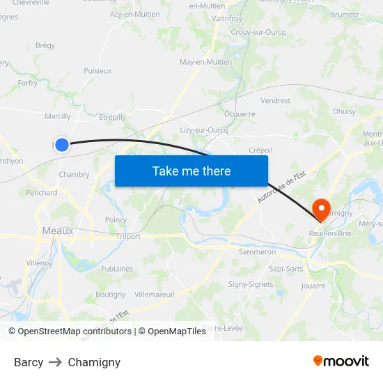 Barcy to Chamigny map