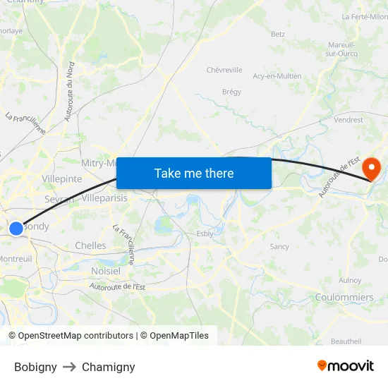 Bobigny to Chamigny map