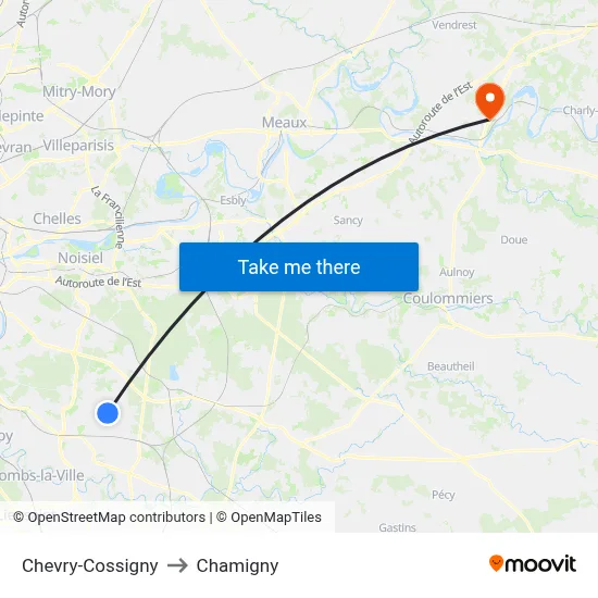 Chevry-Cossigny to Chamigny map