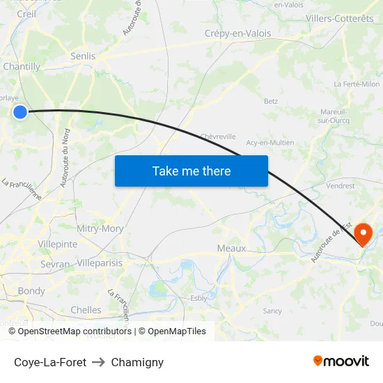 Coye-La-Foret to Chamigny map