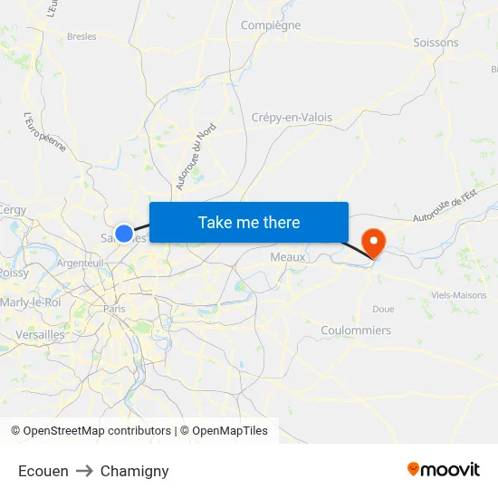 Ecouen to Chamigny map