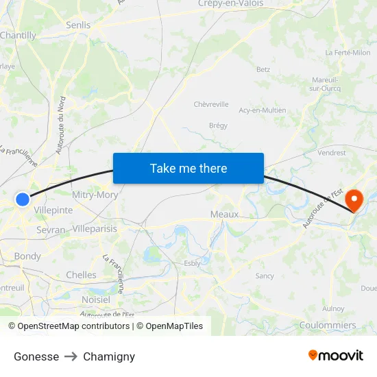 Gonesse to Chamigny map