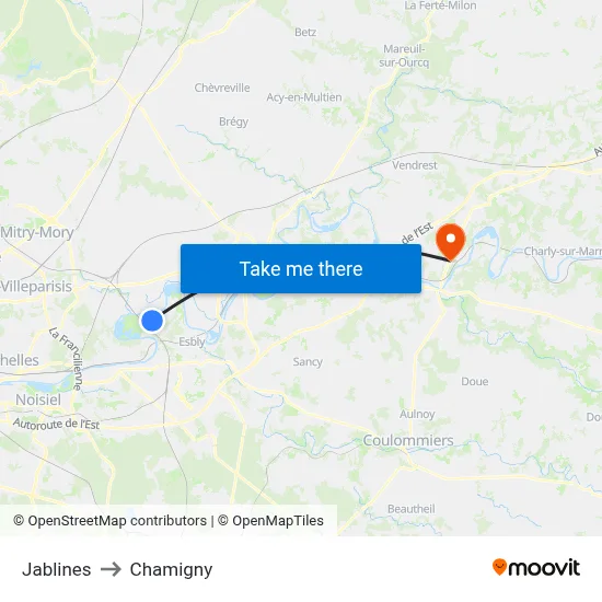 Jablines to Chamigny map