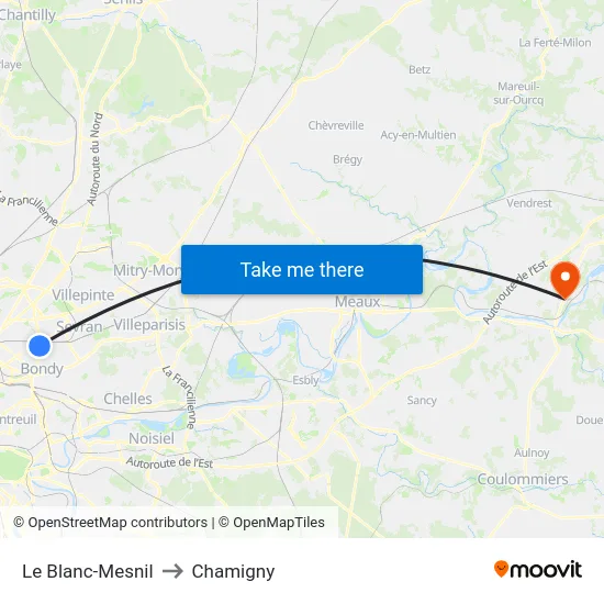 Le Blanc-Mesnil to Chamigny map