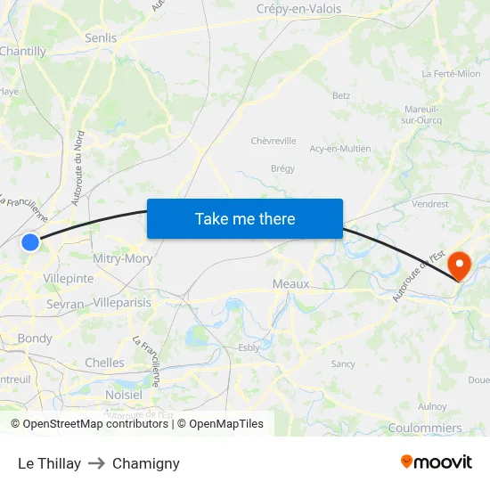 Le Thillay to Chamigny map