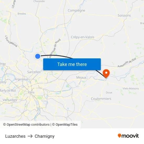 Luzarches to Chamigny map