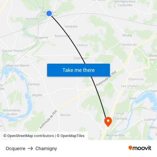 Ocquerre to Chamigny map