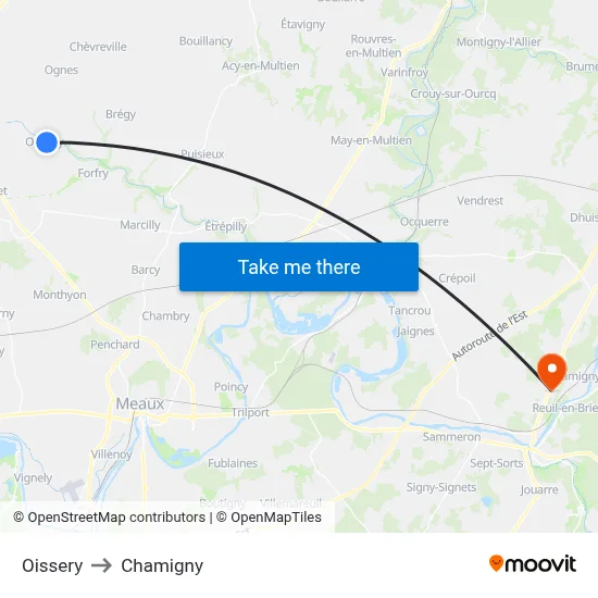 Oissery to Chamigny map