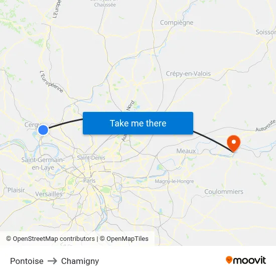 Pontoise to Chamigny map