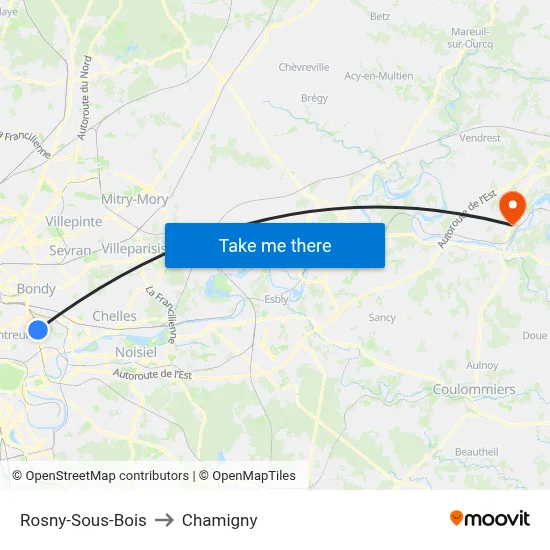 Rosny-Sous-Bois to Chamigny map