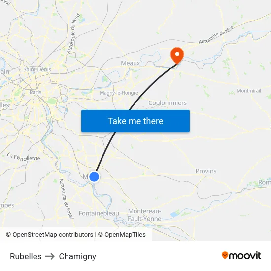 Rubelles to Chamigny map