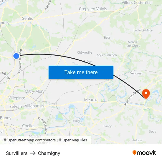 Survilliers to Chamigny map