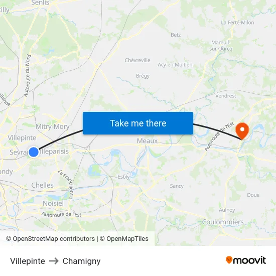 Villepinte to Chamigny map