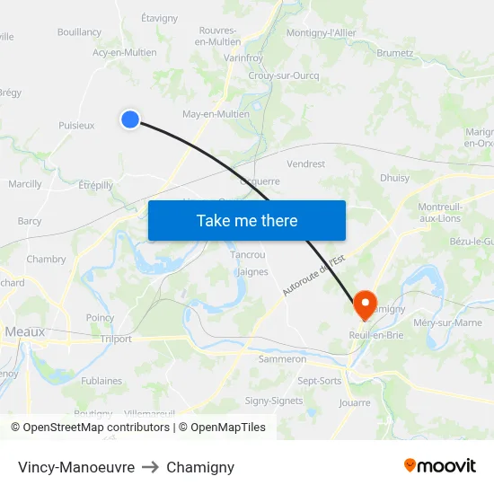Vincy-Manoeuvre to Chamigny map