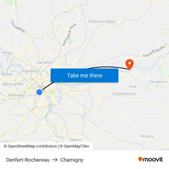Denfert-Rochereau to Chamigny map