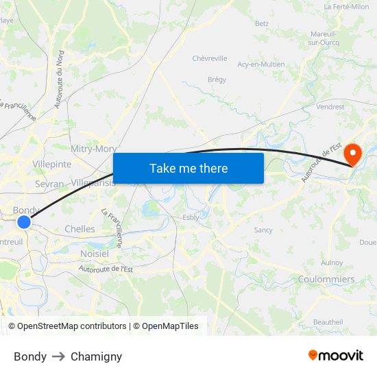 Bondy to Chamigny map