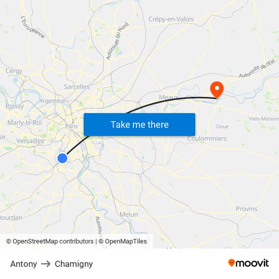 Antony to Chamigny map