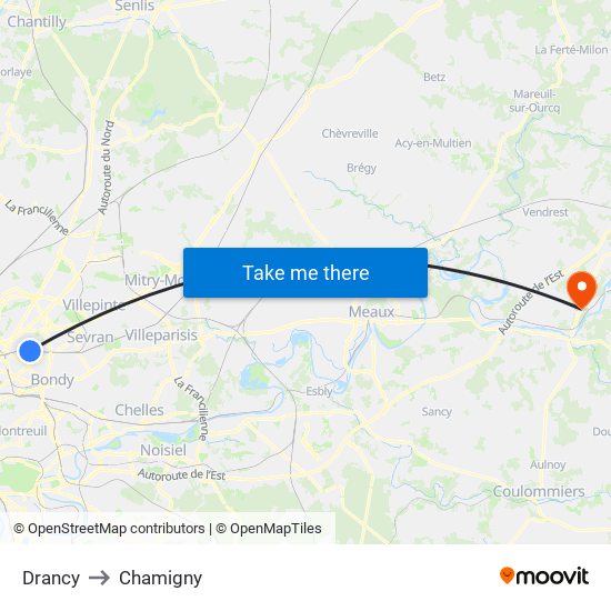 Drancy to Chamigny map