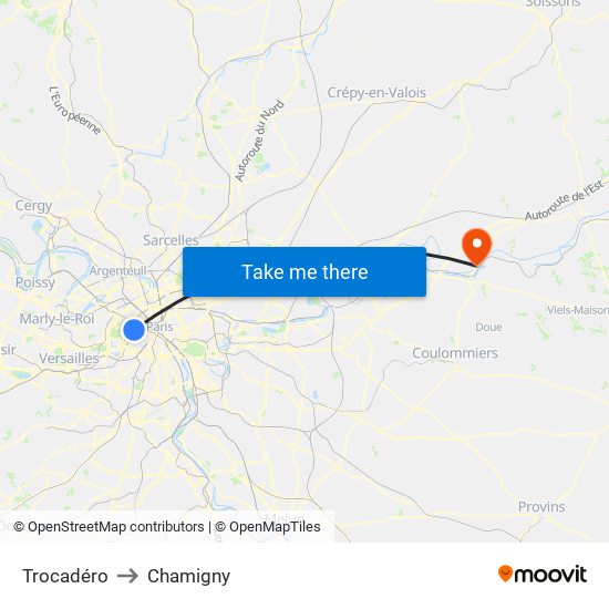 Trocadéro to Chamigny map