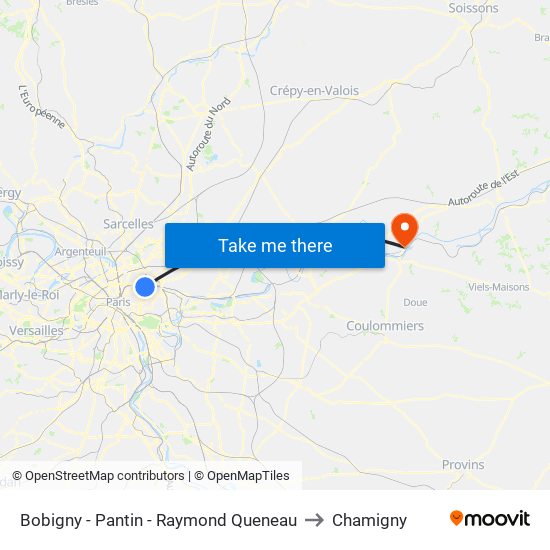 Bobigny - Pantin - Raymond Queneau to Chamigny map