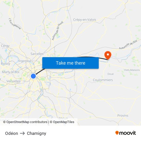 Odéon to Chamigny map