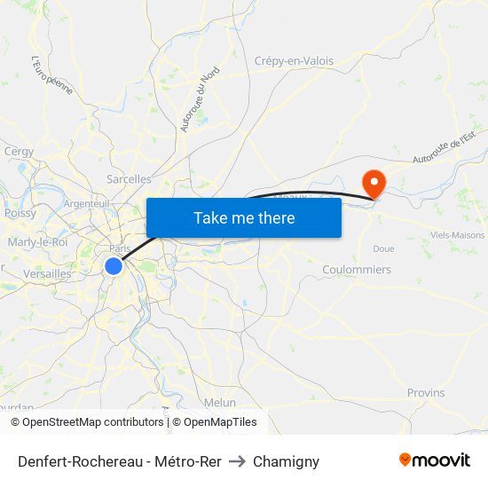 Denfert-Rochereau - Métro-Rer to Chamigny map
