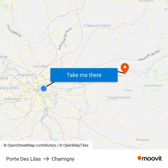 Porte Des Lilas to Chamigny map