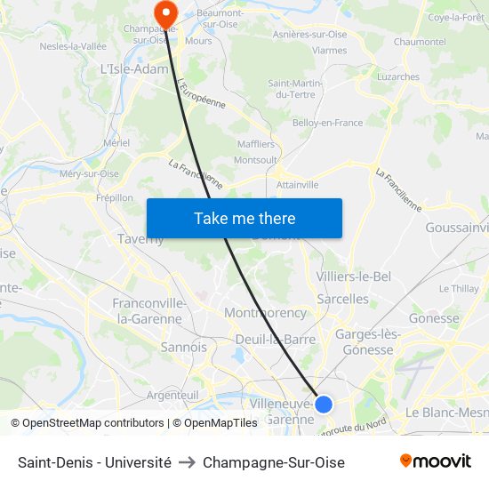 Saint-Denis - Université to Champagne-Sur-Oise map
