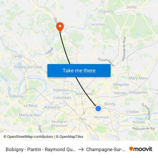 Bobigny - Pantin - Raymond Queneau to Champagne-Sur-Oise map