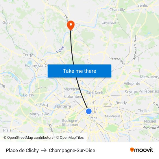 Place de Clichy to Champagne-Sur-Oise map