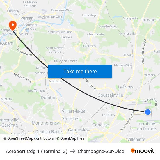 Aéroport Cdg 1 (Terminal 3) to Champagne-Sur-Oise map