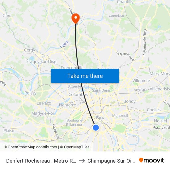 Denfert-Rochereau - Métro-Rer to Champagne-Sur-Oise map