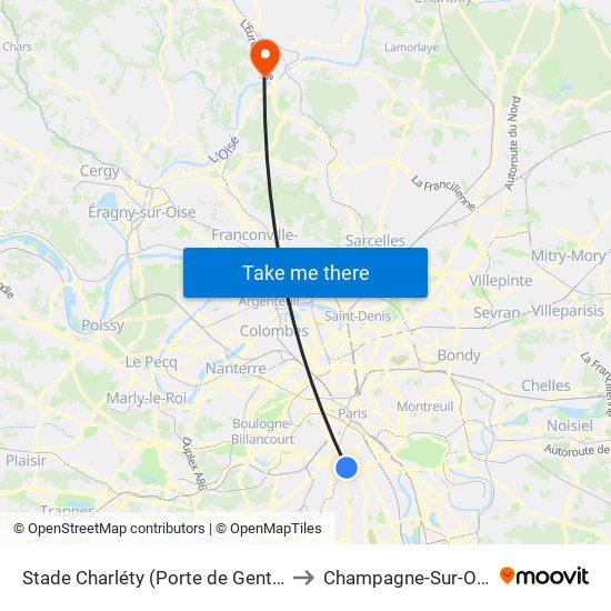 Stade Charléty (Porte de Gentilly) to Champagne-Sur-Oise map